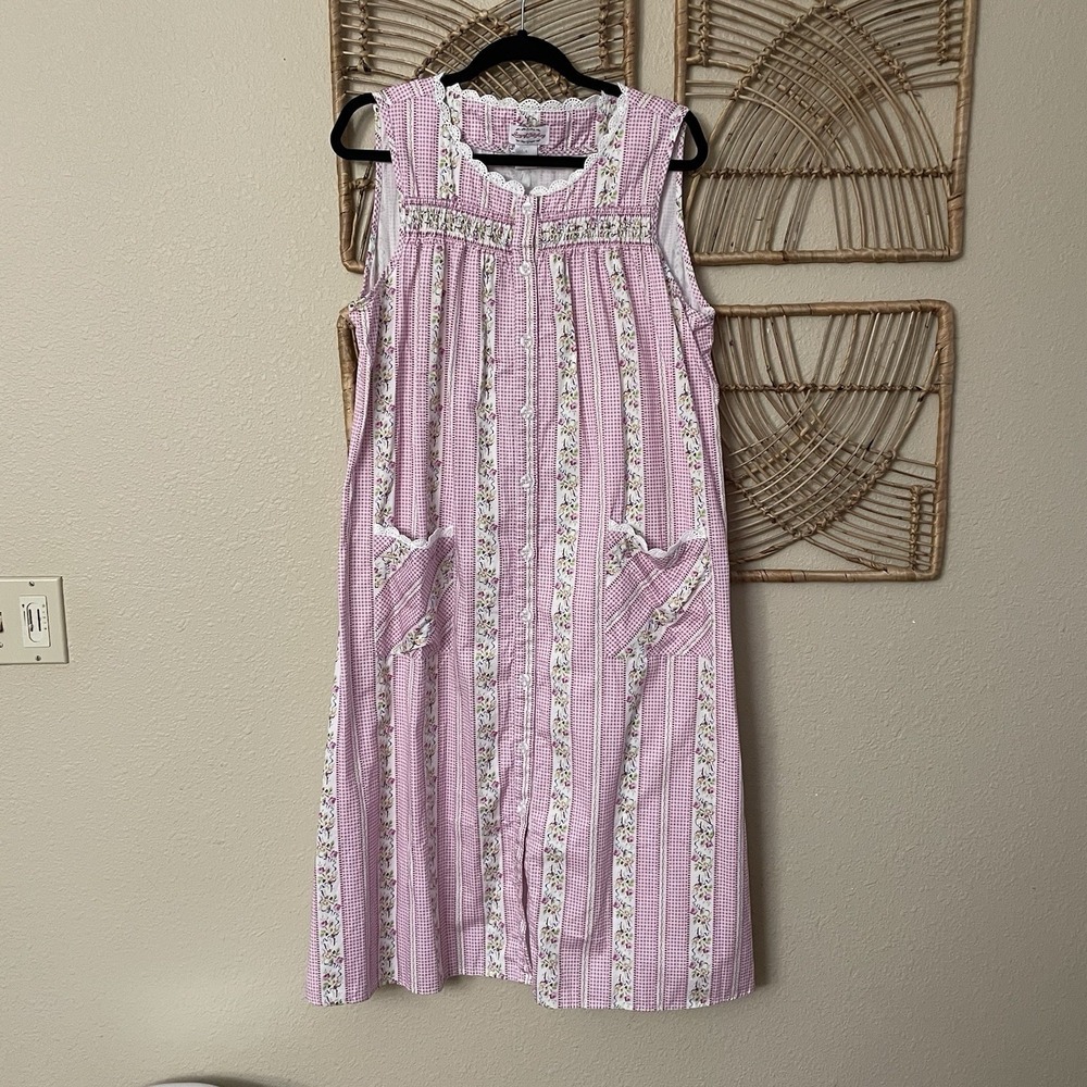 Vintage Lanz Of Salzburg Floral Check Dress Pink White Pockets Cottagecore L B26